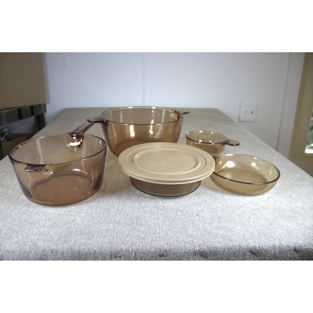 Visions by Corning Amber Glass Cookware Set Pot Pan Skillet 6 Piece Lot USA